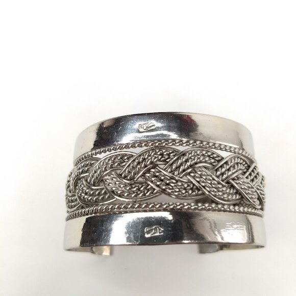 Silver Tone Braided Cuff Bracelet  Preppy Modern Western Stamped Mark Front - Picture 6 of 9